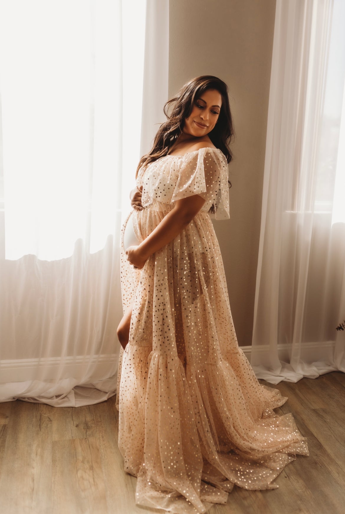 gold dress for pregnant lady Momyknows Gold Rhinestone Mesh Sleeveless Backless Bodycon Evening Plus Size Maternity Maxi Dress, Gold / S